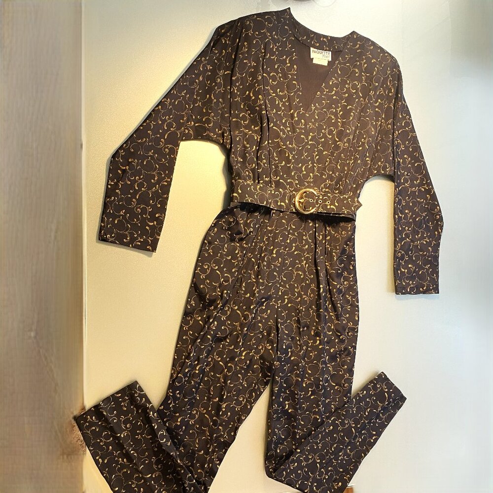 Paquette Too Vintage 80's Black & Gold Print Pantsuit Size 10 Tapered Leg